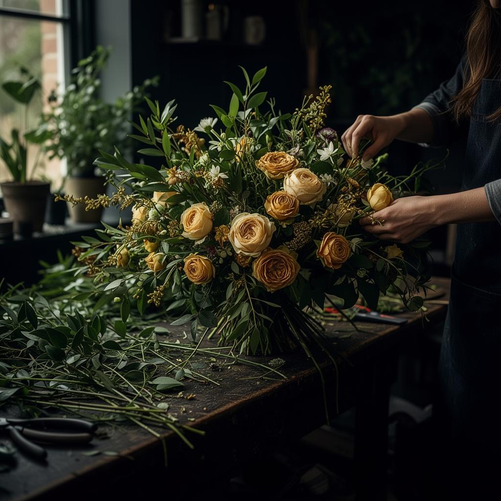 Florist arranging garden bouquet
