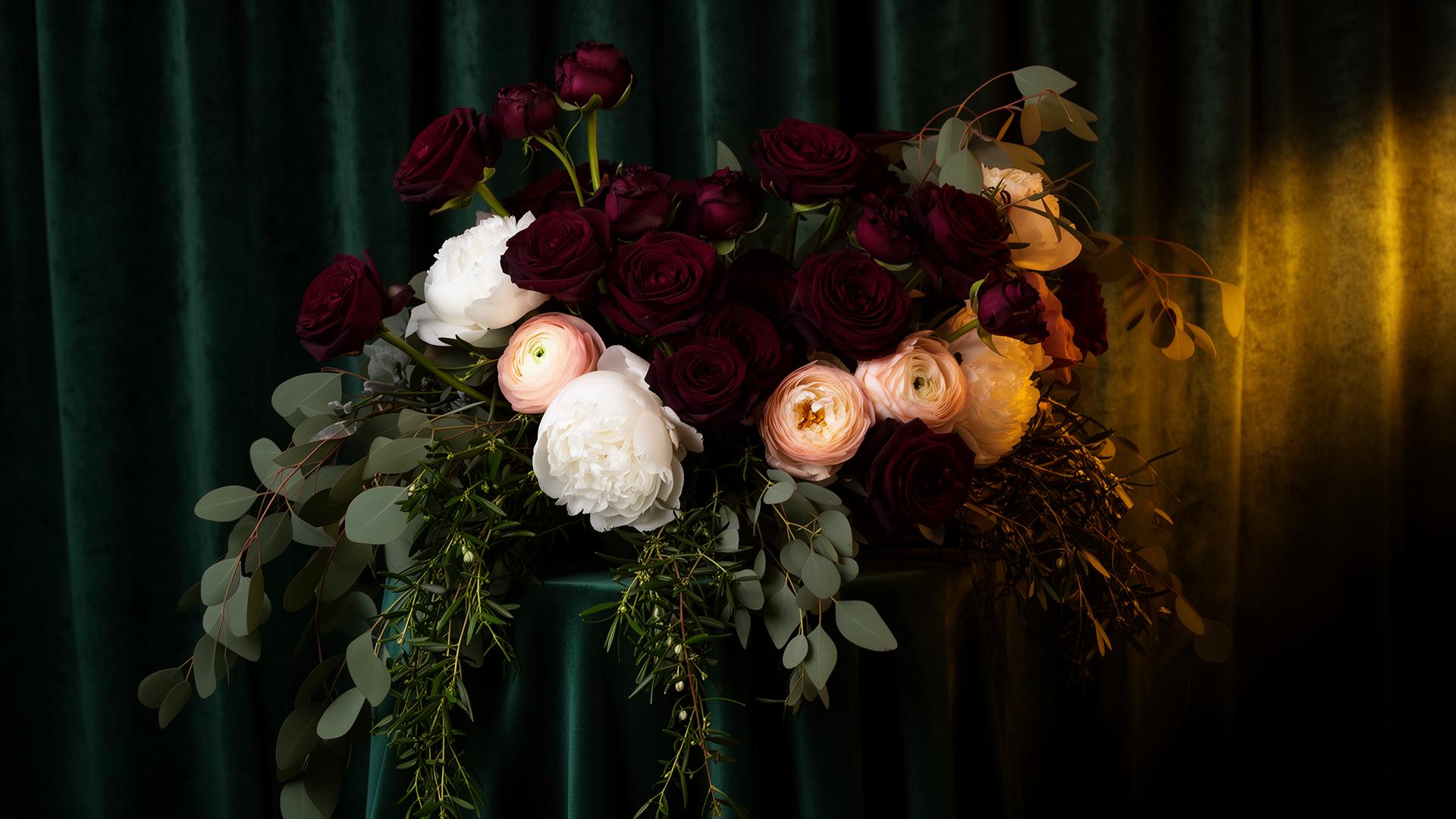 Luxury bouquet of burgundy roses, white peonies and ranunculus
